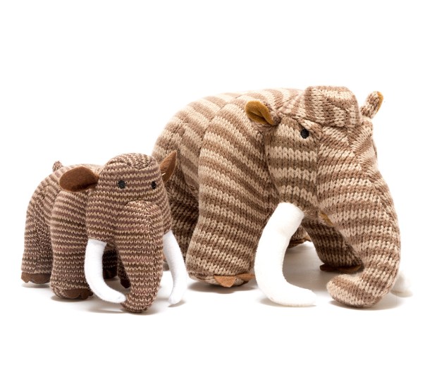 knitted brown woolly mammoth dinosaur toy suitable from birth